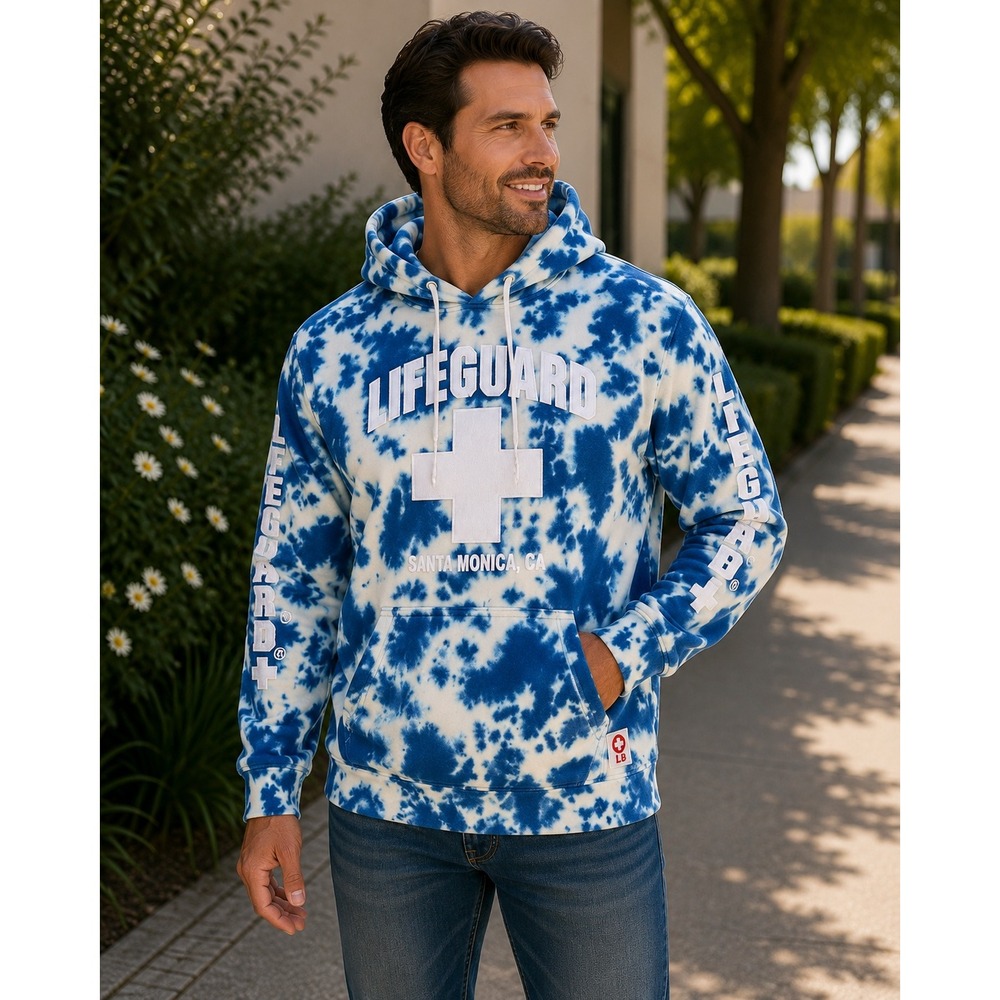 LIFEGUARD Tie Dye Hoodie Sweatshirt Santa Monica CA White Blue Pullover